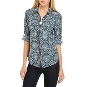 Michael Kors Shirt Womens XS Tile Dog Tag Long Sleeve Zip‎ Up Floral